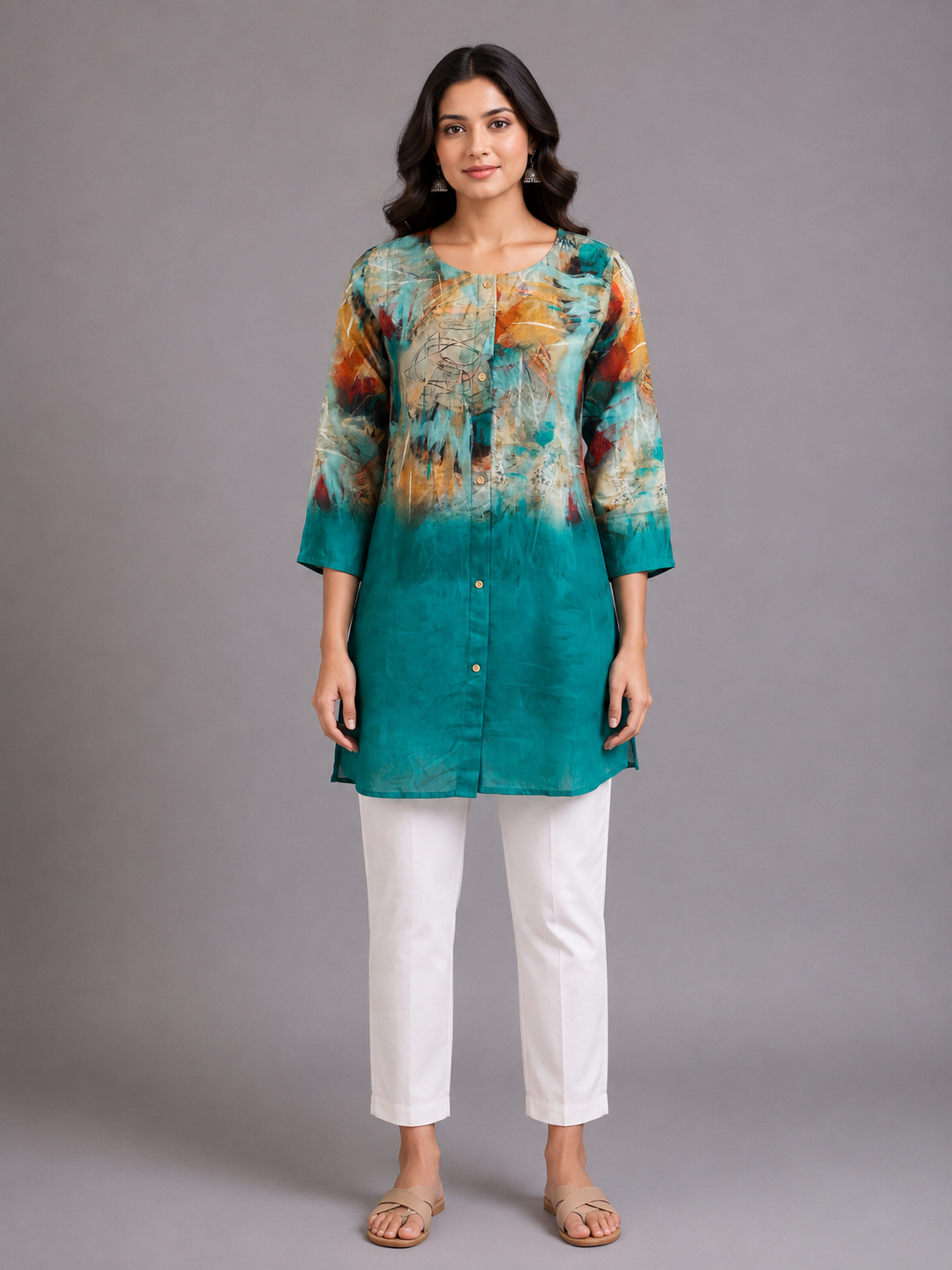 Teal Abstract Print Silk Long Top